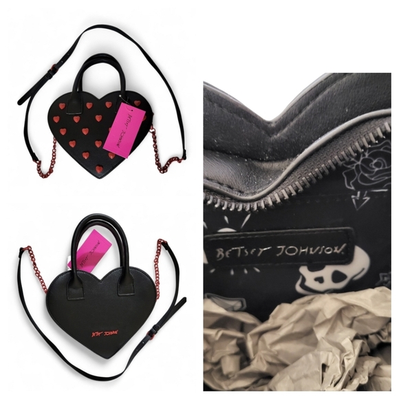 Betsey Johnson Black Heart Stud Handbag New With Spooky Skull Lining Goth Love - Picture 1 of 11